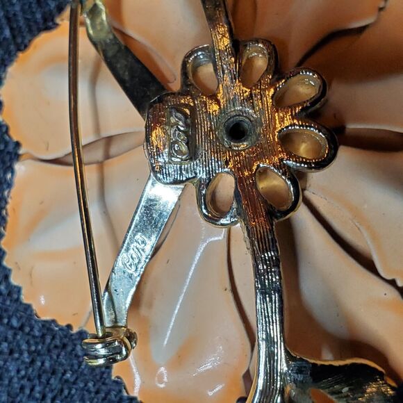 VTG Signed CORO Trembler Brooch AB Rhinestones Gold Tone Enamel Peach Poppy 3" - Picture 8 of 16